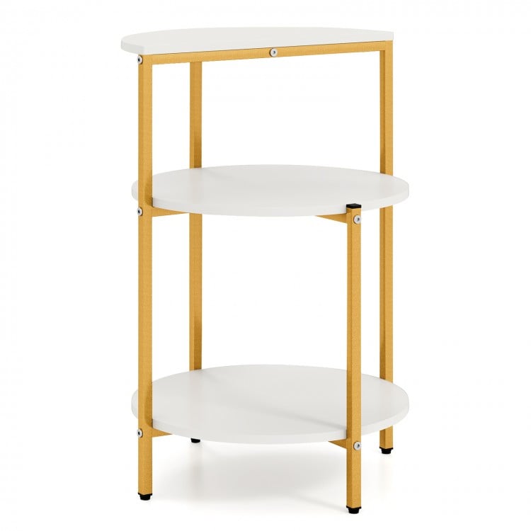 3-tier round end table with white surfaces and gold metal legs, ideal for small spaces and bedroom organization.