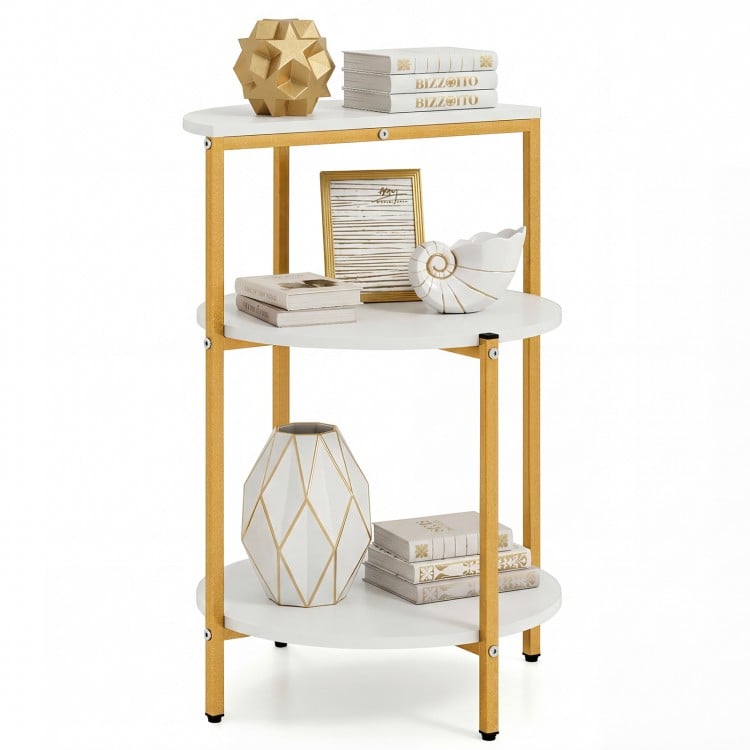 3-tier round end table showcasing a modern design with white shelves and gold accents, perfect for stylish home.