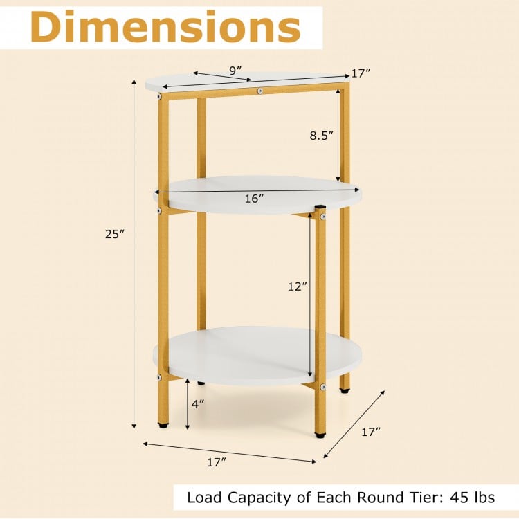3-tier round end table with white surfaces and yellow metal frame, ideal for small spaces and bedroom organization.