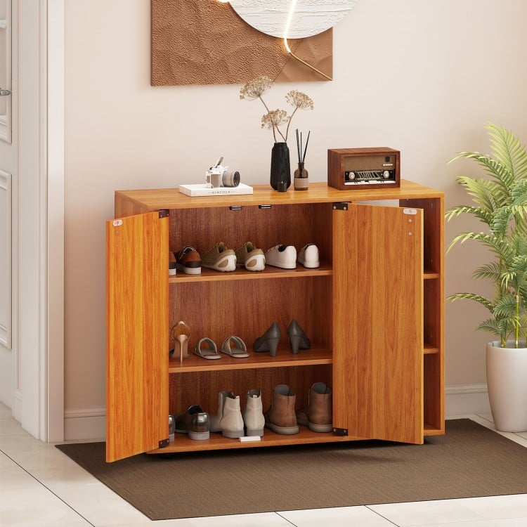 3-tier shoe cabinet in natural finish with adjustable shelves, perfect for organizing shoes in an entryway.