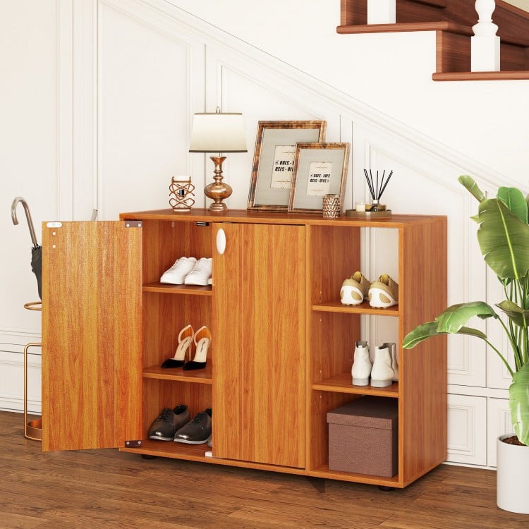 Shoe cabinet with open shelves in natural finish, showcasing doors and ample storage for stylish entryway organization.