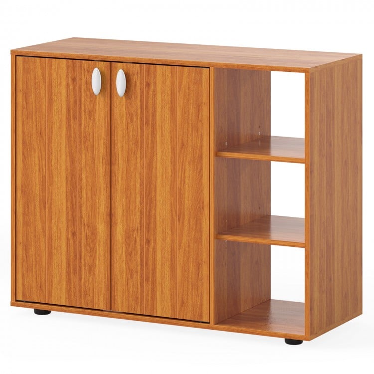 3-tier shoe cabinet in natural finish with adjustable shelves, doors, and convenient handles for organized entryway.