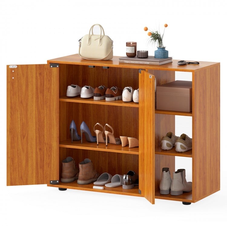 3-tier shoe cabinet with doors in natural finish, featuring adjustable shelves and ample storage for entryway.