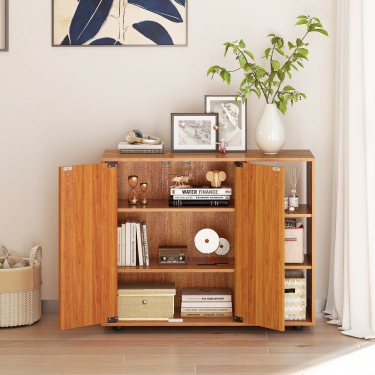 3-tier shoe cabinet with doors, adjustable open shelves, and natural finish, perfect for entryway organization.