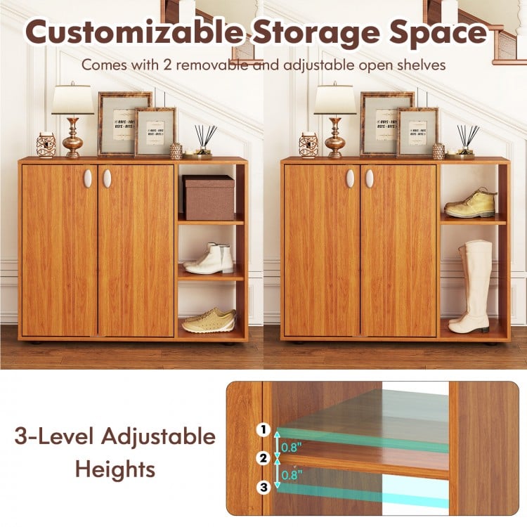 3-tier shoe cabinet with doors and adjustable open shelves in natural finish, ideal for entryway storage and.