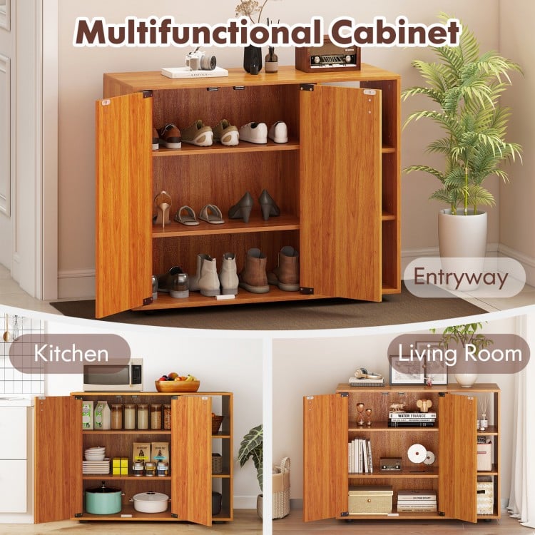 3-tier shoe cabinet with doors in natural finish, featuring adjustable shelves for entryway or living room storage.