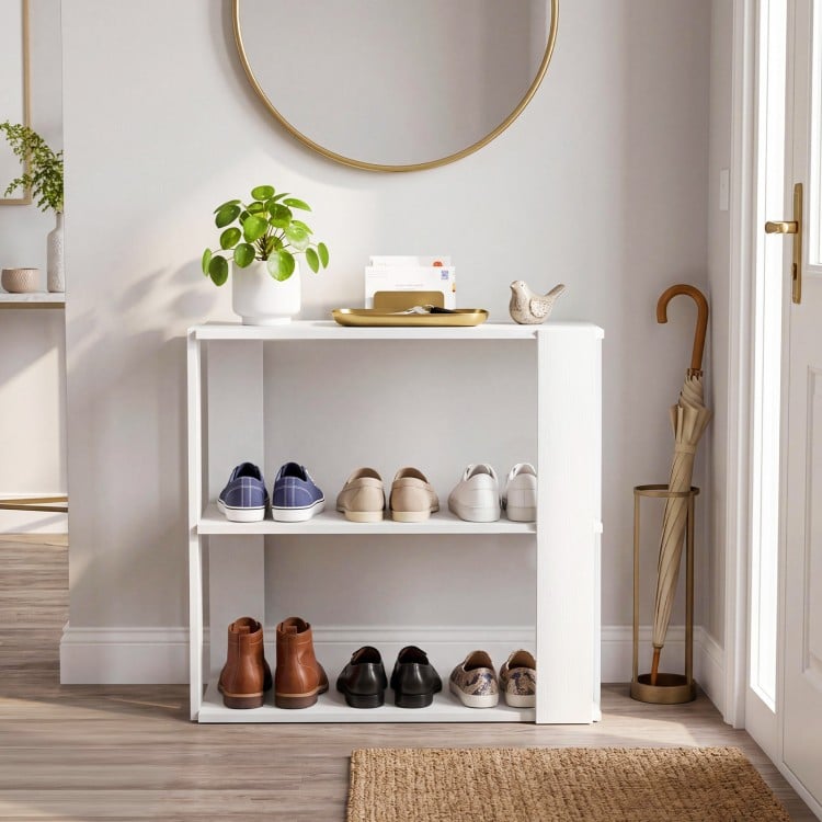 3-tier white shoe rack with stackable design, featuring spacious shelves for organized shoe storage in any entryway.