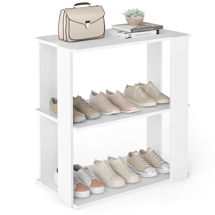Three-tier white shoe rack with stackable design, ideal for organizing shoes and maintaining a clutter-free home.