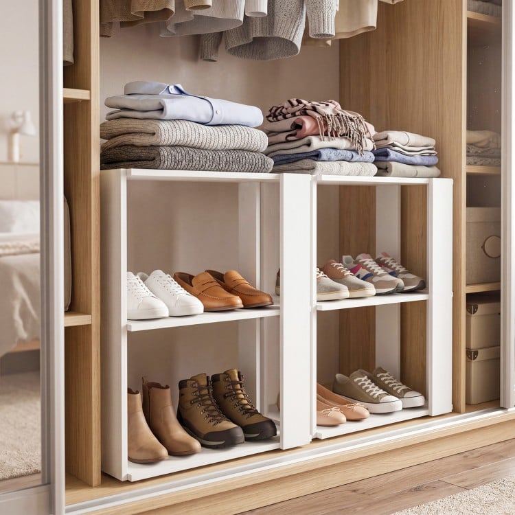 3-tier white shoe rack with stackable design, featuring spacious tiers for organized shoe storage and easy maintenance.