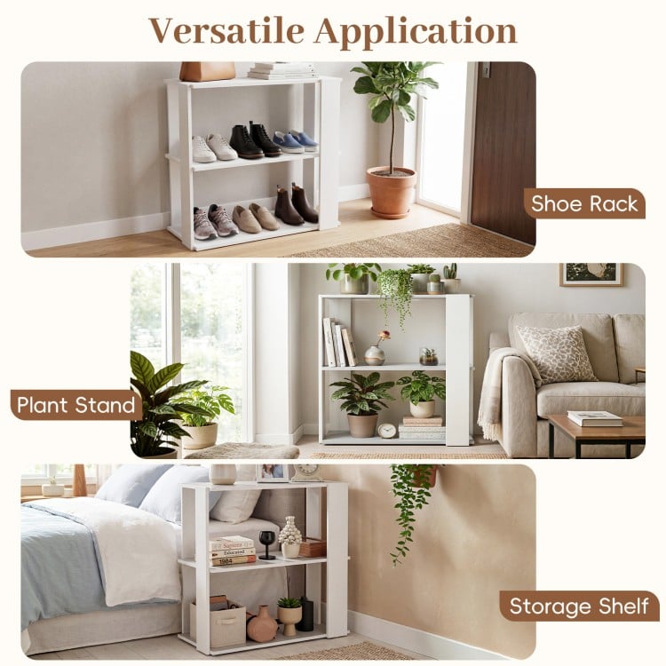3-tier white shoe rack with stackable design, ideal for organizing shoes, plants, or as a versatile storage shelf.