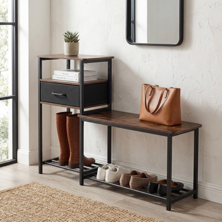 Rustic brown 3-tier shoe storage rack bench with drawer and metal frame, perfect for organizing shoes and providing seating.