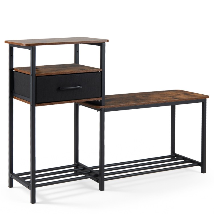 3-tier shoe storage rack bench in rustic brown with a drawer and metal frame, perfect for organizing footwear.