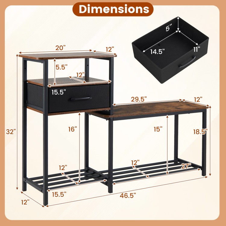3-tier shoe storage rack bench in rustic brown with drawer and metal frame, featuring wood and metal shelves for organization.