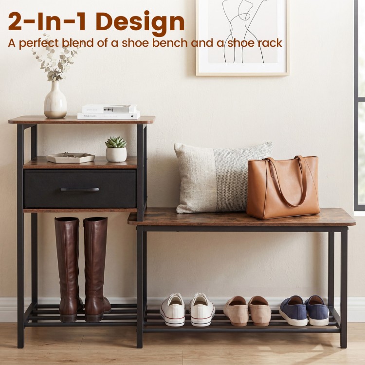 3-tier shoe storage rack bench in rustic brown with a drawer and metal frame, perfect for organizing shoes and entryways.