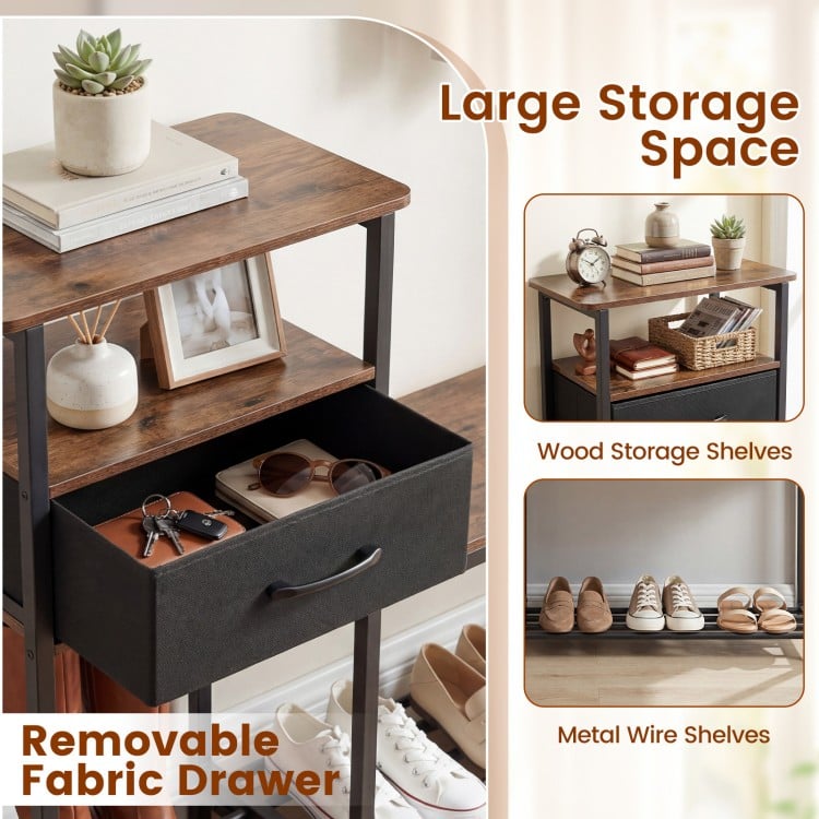 3-tier shoe storage rack bench in rustic brown with removable fabric drawer and metal frame for stylish organization.