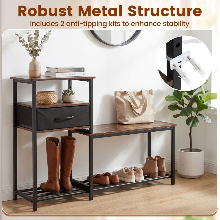 3-tier shoe storage rack bench in rustic brown features a robust metal frame, removable drawer, and anti-tipping kits for stability.