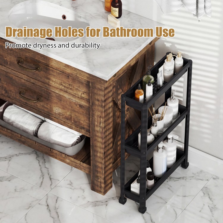 3-tier black rolling storage cart with drainage holes, ideal for bathroom organization and compact spaces.