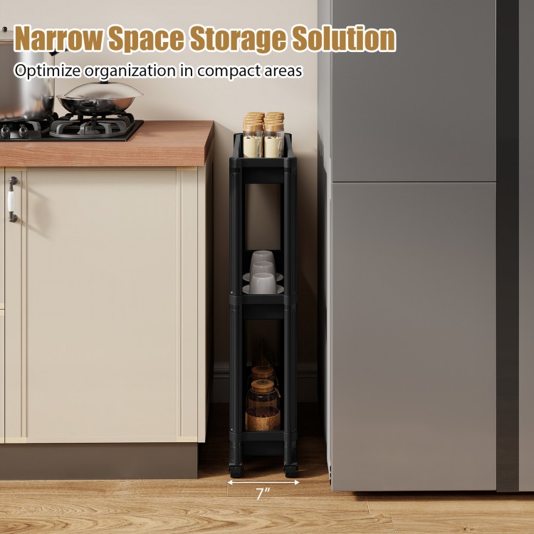 3-tier slim rolling storage cart in black, 7" wide, ideal for compact areas like kitchens and bathrooms, with wheels.