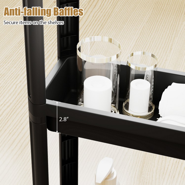 3-tier black rolling storage cart with anti-falling baffles, perfect for bathroom or kitchen organization.