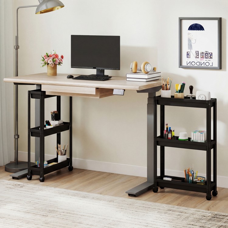 3-tier black rolling storage cart with wheels, ideal for compact spaces like kitchens or bathrooms, featuring durable.