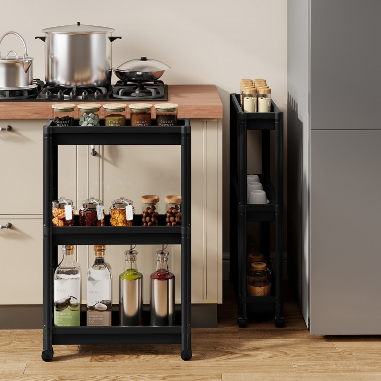3-tier black rolling storage cart set with wheels, ideal for kitchen organization and compact spaces.