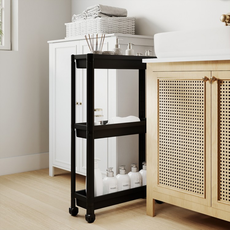 3-tier slim rolling storage cart in black, designed for compact spaces, ideal for bathroom organization with wheels.