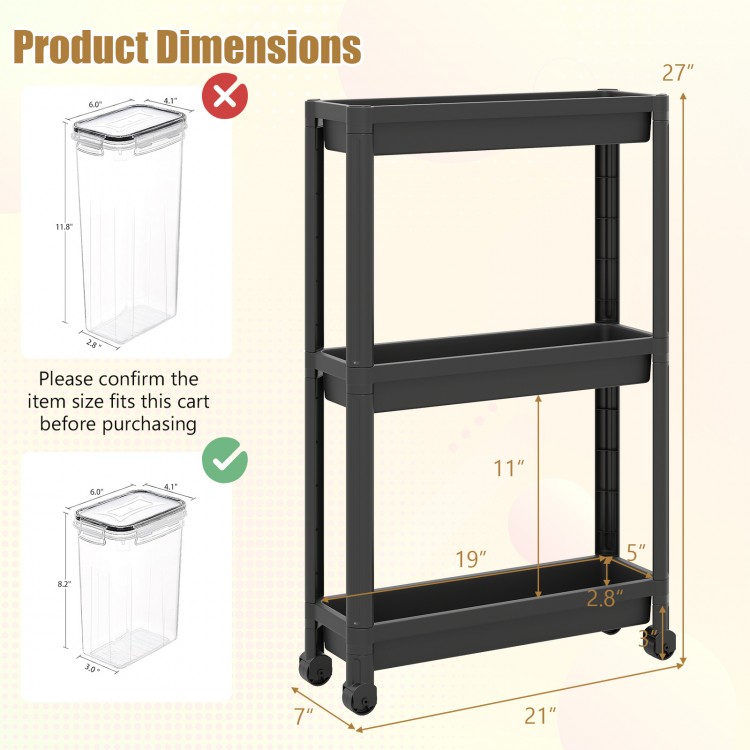 3-tier slim rolling storage cart in black, featuring waterproof PP material and smooth-rolling wheels for versatile.