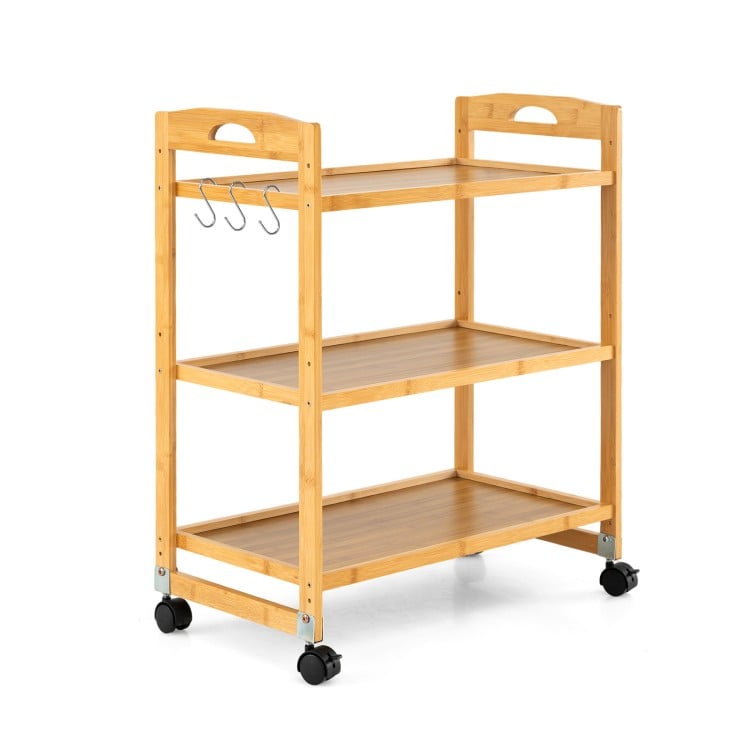 3-tier bamboo utility cart with wheels and side hooks, ideal for organizing items in kitchens or living rooms.