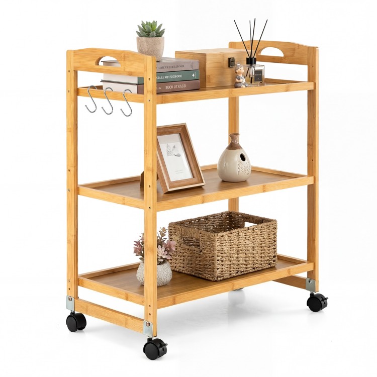 3-tier bamboo utility cart with wheels, side hooks, and adjustable shelves for versatile storage in any room.