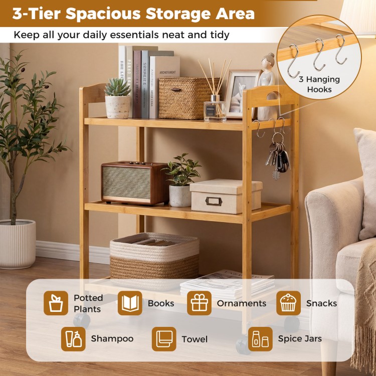3-tier bamboo storage cart with wheels, side hooks, and adjustable shelves for organizing books and snacks in any room.