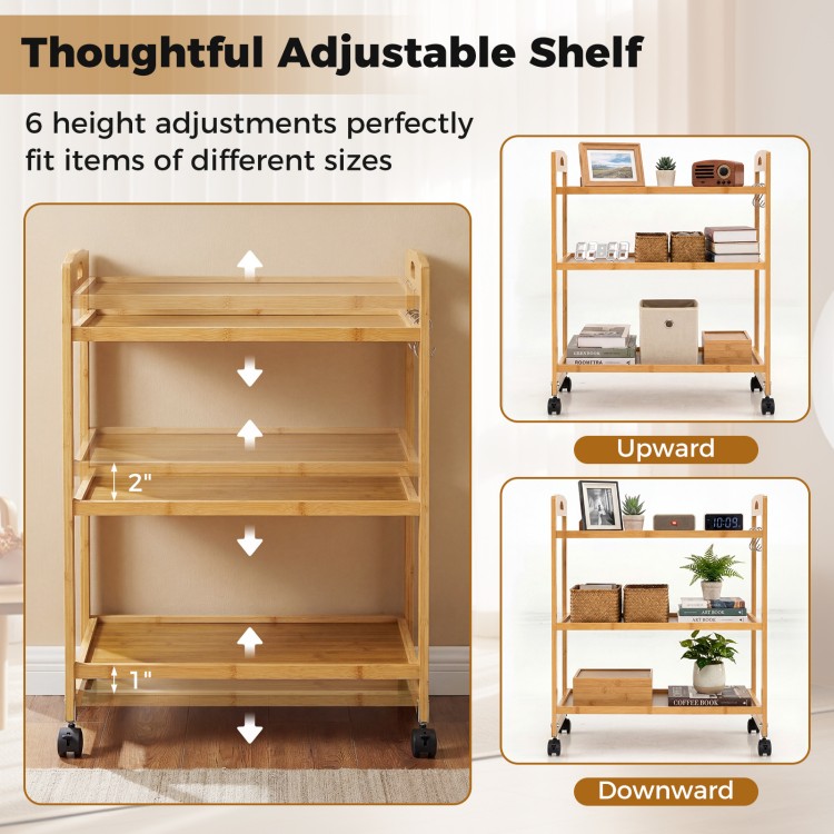 3-tier bamboo utility cart with adjustable shelves and wheels, ideal for organizing items in any room.