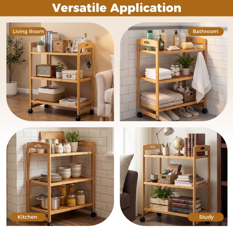 3-tier bamboo utility cart with wheels, ideal for organizing books and toiletries in living rooms, kitchens, or.