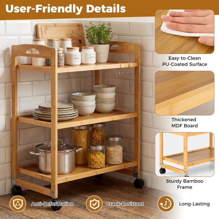 3-tier bamboo utility cart with easy-clean surface, adjustable shelves, and 4 wheels for versatile storage in any room.