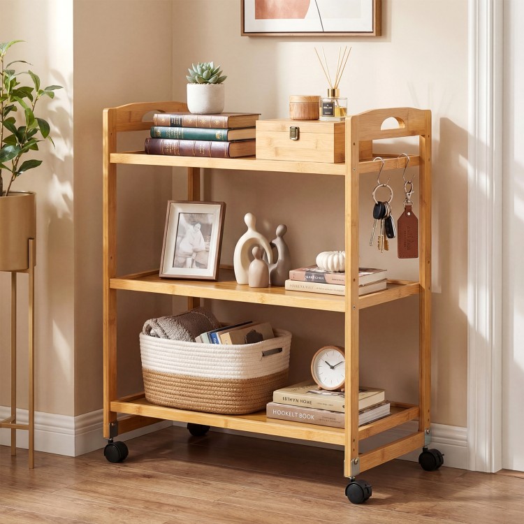 3-tier bamboo utility cart with wheels, featuring adjustable shelves and hooks for versatile storage in any room.