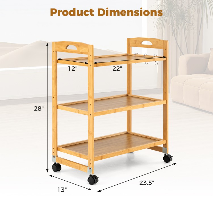 3-tier bamboo utility cart with dimensions, featuring adjustable shelves and 4 wheels for easy mobility in any room.