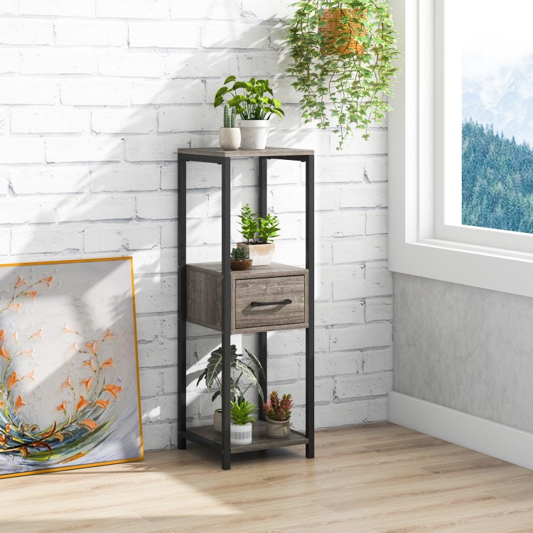 3-tier tall metal plant stand with drawer in gray, perfect for displaying plants and books in small spaces.