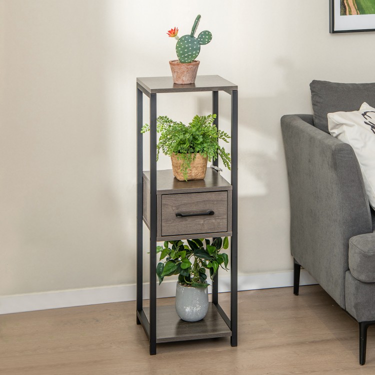 Tall 3-tier metal plant stand in gray with drawer, perfect for displaying plants and saving space in any room.