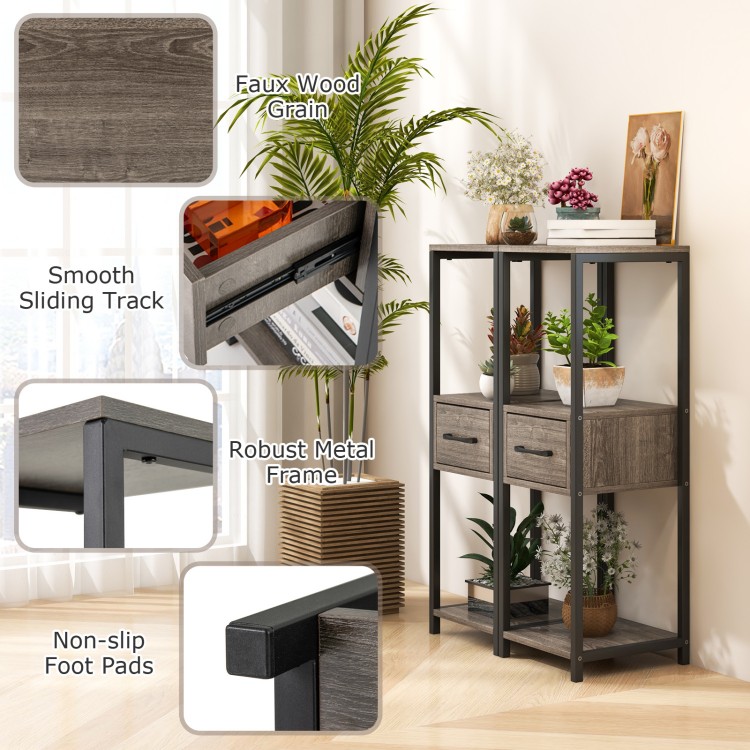 3-tier tall metal plant stand in gray with faux wood grain, featuring a drawer and non-slip foot pads for stability.