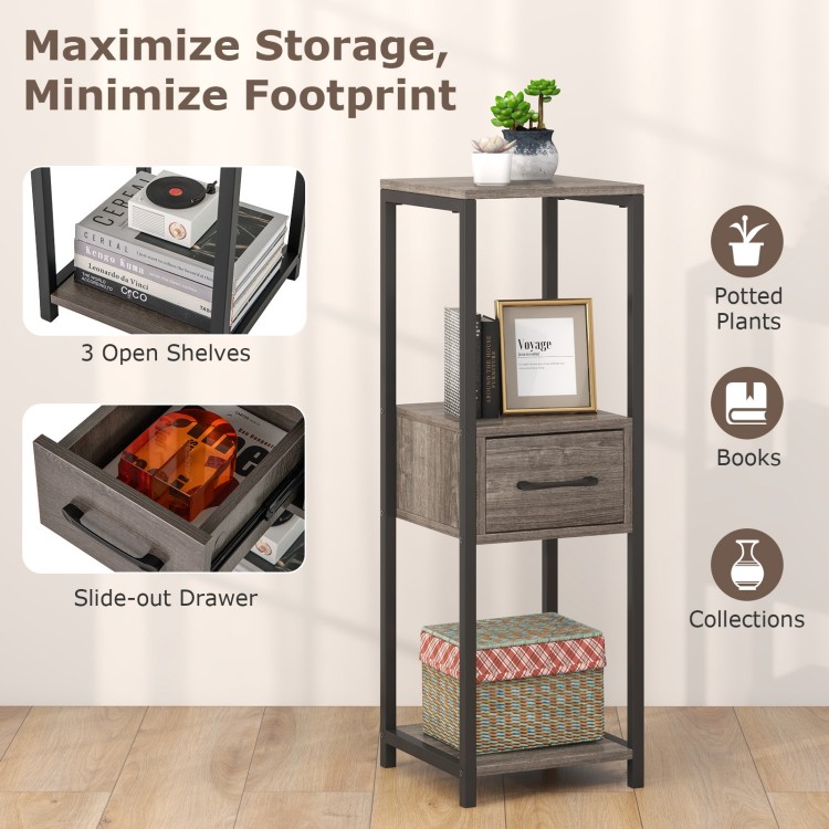 3-tier gray metal plant stand with slide-out drawer, ideal for books and plants, perfect for small spaces.