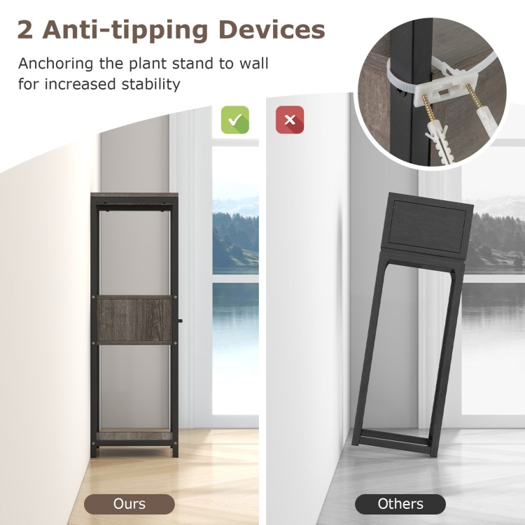 3-tier gray metal plant stand with drawer, featuring anti-tipping devices for stability, ideal for balcony or office.