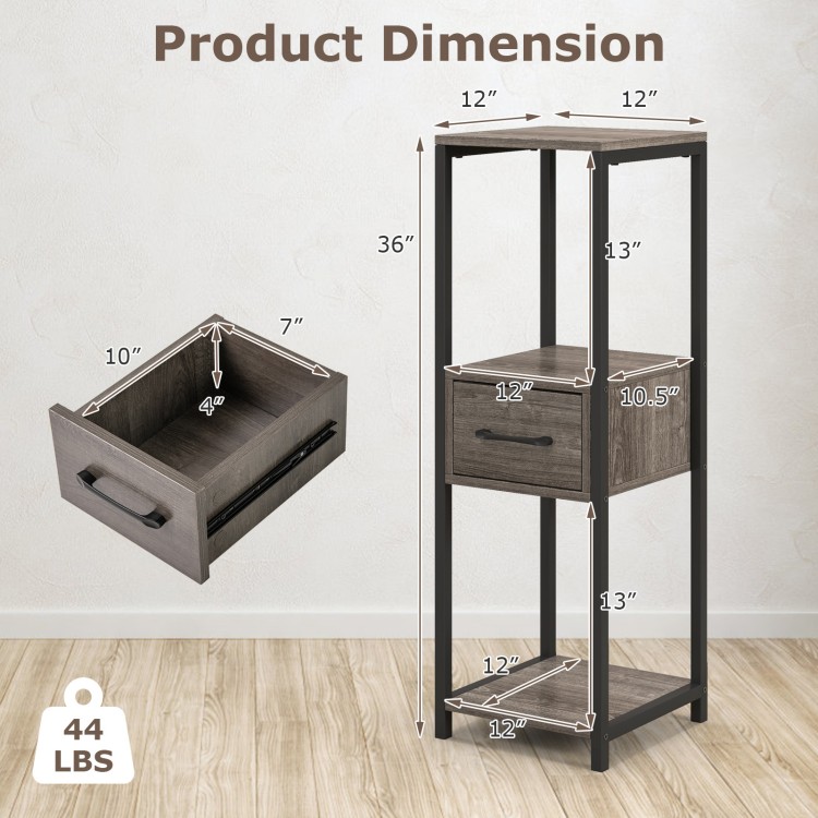 3-tier tall metal plant stand with drawer, gray faux wood finish, ideal for balcony or office storage and display.