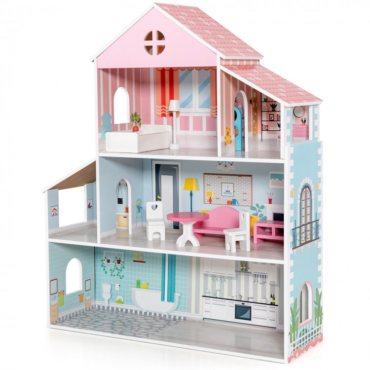 3-tier toddler dollhouse featuring 6 rooms, colorful wallpaper, and 8 furniture pieces for imaginative play.