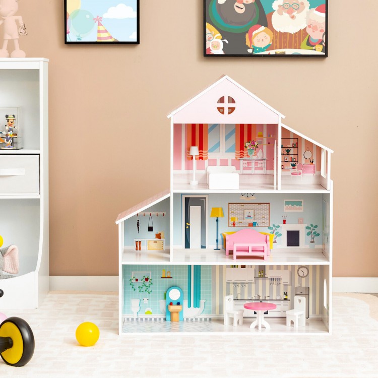 3-tier toddler dollhouse with 6 rooms and 8 furniture pieces, designed for imaginative play and safety for ages 3 and.