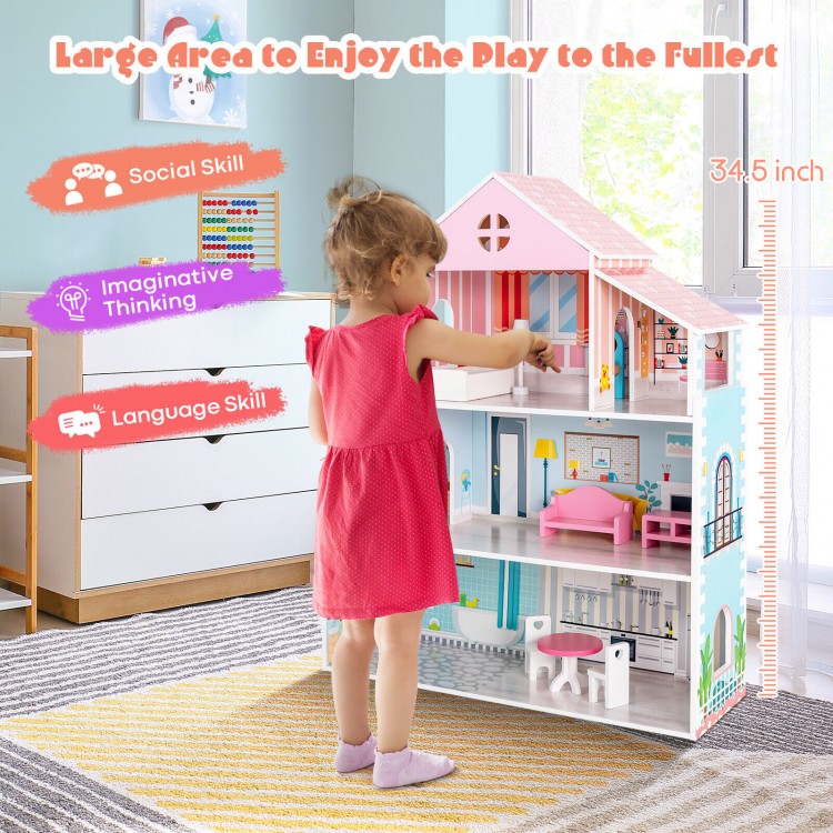 3-tier toddler dollhouse with colorful wallpaper, 6 rooms, and furniture accessories for imaginative play and.
