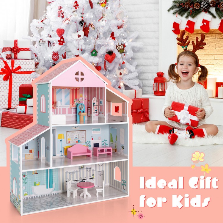 3-tier toddler dollhouse with colorful wallpaper and 8 furniture pieces, perfect gift for kids aged 3-7.