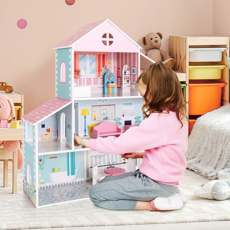 3-tier toddler dollhouse with colorful wallpaper, 6 rooms, and 8 furniture pieces, perfect for imaginative play.