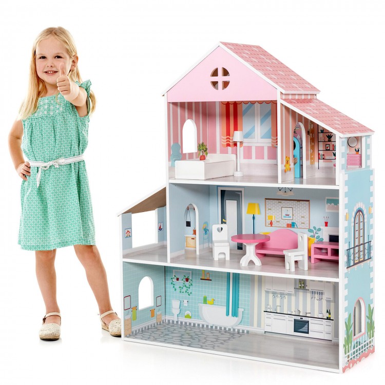 3-tier toddler dollhouse with colorful rooms and furniture, designed for imaginative play for ages 3 and up.