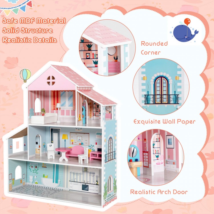 3-tier toddler dollhouse with colorful wallpaper and 8 furniture pieces, designed for imaginative play and safety.