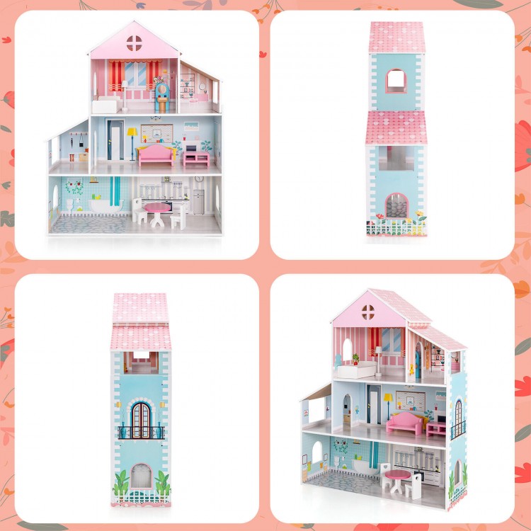 Colorful 3-tier toddler dollhouse with 6 rooms and 8 furniture pieces, designed for imaginative play and safety.