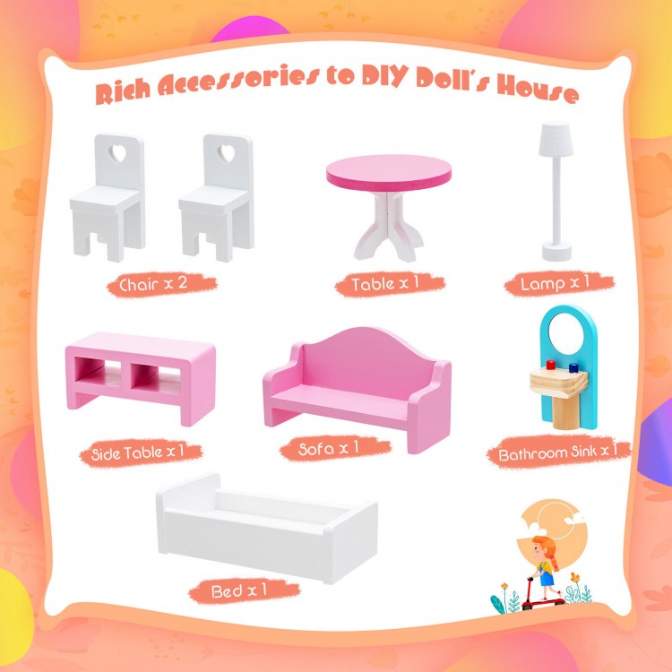 Colorful dollhouse furniture set including chairs, table, lamp, and sofa for imaginative play and creativity.
